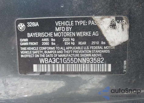 2013 BMW 328I из США, поврежденный, VIN WBA3C1G55DNN93582